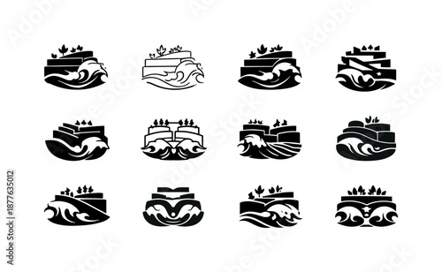 Urban Farming Icons. urban farming riptides. Icon set. Set Logo of urban farming riptides: seawall farm terrace. harmonious logo variations of the same