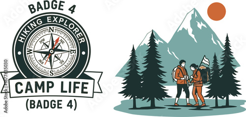 Vintage style badge design featuring a detailed compass and hiking explorer illustration celebrating achievement in camp life adventure activities