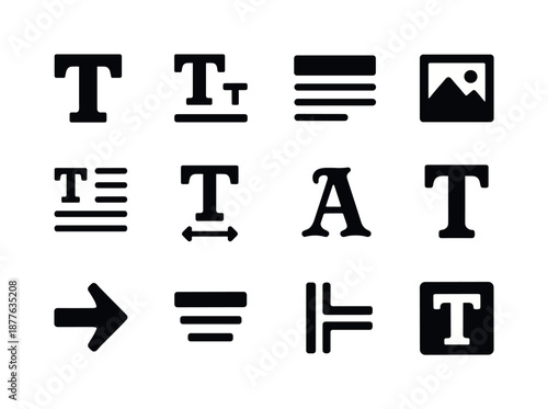 Typography Icon Grid. Poster typography. Solid icon set of poster typography: bold title, subtitle icon, tagline bar, graphic frame, text alignment tool,