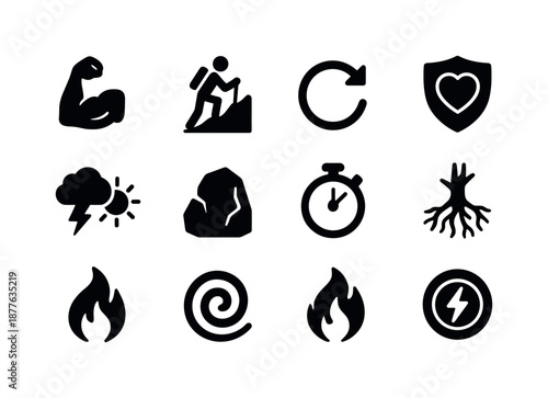 Icons of Resilience. Resilience and strength. Solid icon set of resilience and strength: flexed arm, mountain climb, bounce back arrow, shield heart, storm and