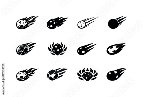 Celestial Logo Variations. Celestial bodies. Icon set. Set Logo of celestial bodies: meteor rock. harmonious logo variations of the same emblematic concept,