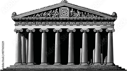 A detailed illustration of a classical temple with ornate architecture, featuring pillars and sculpted figures