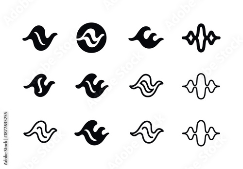 Harmonious Sleep Icons. Relaxing sounds for sleep. Icon set. Set Logo of relaxing sounds for sleep: melodic wave pattern. harmonious logo variations of the
