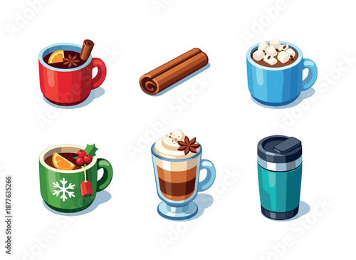 Winter Beverage Icons. Winter Beverages. Isometric flat vector icons set of winter beverages: mulled wine mug, cinnamon spice stick, marshmallow cocoa cup,