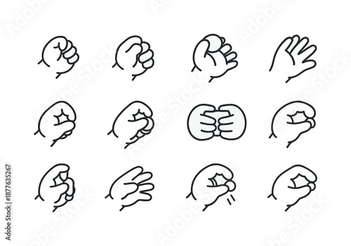 Baby Grasping Stages. Baby hands grasping. Line icon set of developmental grasp stages: reflex grasp, palmar grasp, ulnar grasp, raking grasp, crude pincer