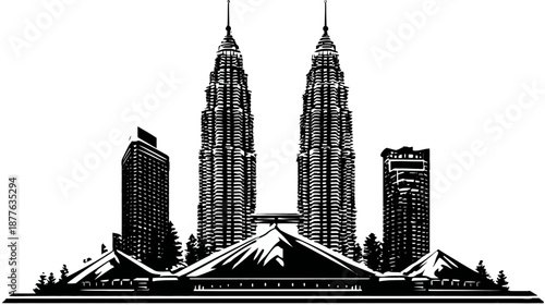 A black and white illustration of twin skyscrapers and surrounding architecture, a symmetrical composition