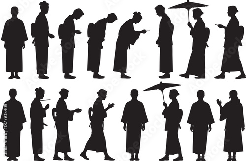 Silhouette traditional people in kimono, various poses, cultural celebration, vector illustration