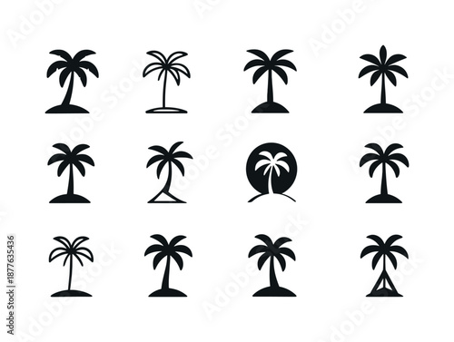 Pristine Beach Icons. Pristine beach. Icon set. Set Logo of pristine beach: palm tree silhouette. harmonious logo variations of the same emblematic concept,
