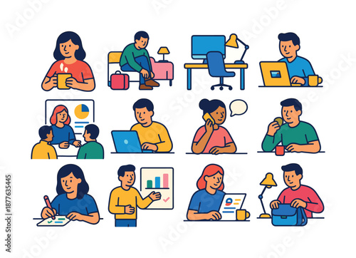 Daily Work Icons. Daily Work Routine Scenes. Colorful flat vector icons set of Daily Work Routine Scenes: morning coffee, commute prep, desk setup, checking