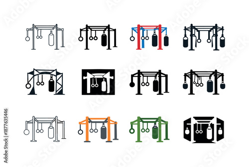 Fitness Logo Variations. fitness spaces and gym setups. Icon set. Set Logo of fitness spaces and gym setups: functional training rig. harmonious logo