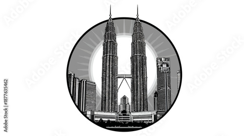 A black and white illustration of twin skyscrapers, buildings, and cityscape inside a circle