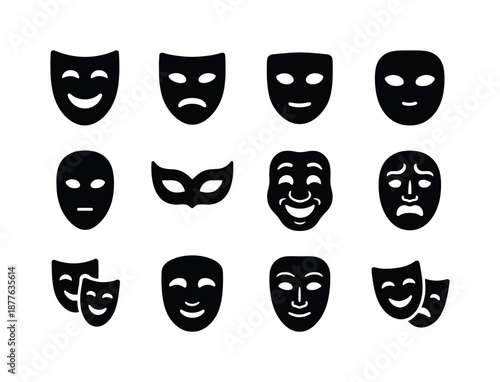 Diverse Theatrical Masks. Theatrical masks. Solid icon set of Theatrical masks: comedy mask, tragedy mask, neutral mask, half-mask, full-face mask, Venetian