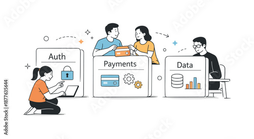 Collaborative Service Design. Service-oriented development. Developers working with separate service cards labeled auth, payments, data. Focused teamwork and
