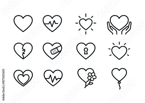 Heart Icon Set. Open heart. Line icon set of Open heart: heart outline, beating heart, heart with rays, heart in hands, broken heart mending, heart with
