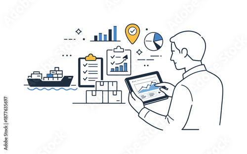 Supply Chain Analysis. Data-driven supply visibility. A professional analyzing real-time supply data on a tablet while goods icons align neatly. Calm