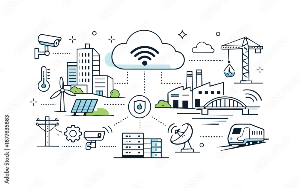 Fototapeta premium Smart Infrastructure Monitoring. Smart infrastructure monitoring. Abstract buildings and machines connected through cloud and sensor symbols, calm