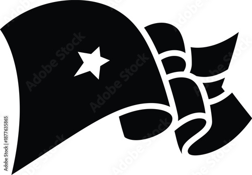 Black pirate flag with a white star and a flowing ribbon
