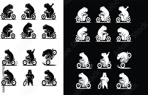 Capybara riding motorcycle in various poses rodent