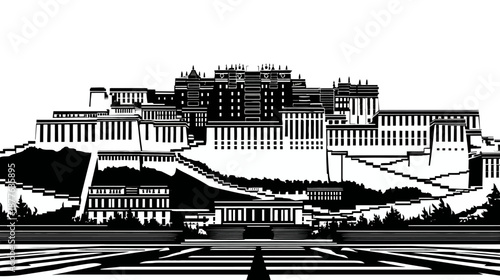 A high-contrast, black-and-white vector illustration depicting a tiered architectural complex on a hill
