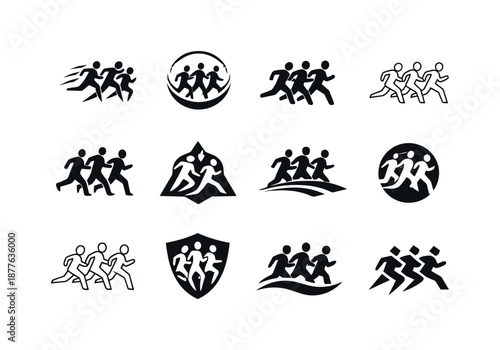Group Fitness Logos. Group fitness. Icon set. Set Logo of group fitness: team cardio run. harmonious logo variations: Stylized detail, Symmetrical form, Flat