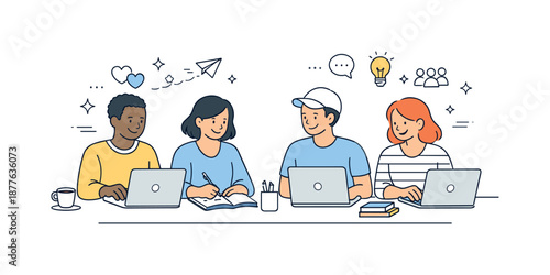 Inclusive Workspace Illustration. Equal opportunity office. Colleagues working side by side with laptops and notes, feeling valued and included. A sense of