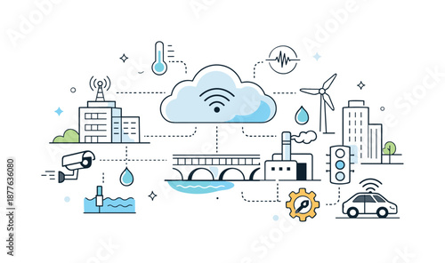 Smart Infrastructure Monitoring. Smart infrastructure monitoring. Abstract buildings and machines connected through cloud and sensor symbols, calm