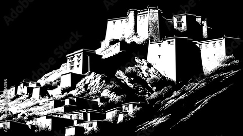 A high-contrast illustration of a citadel, complex with buildings atop a mountain