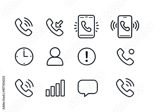 Incoming Call Icons. Incoming call alert. Line icon set of incoming call alert: phone receiver, ringing lines, arrow in icon, screen glow outline, vibration