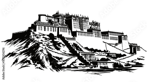 A stark monochrome illustration of a grand mountain fortress with intricate architecture and terraced levels