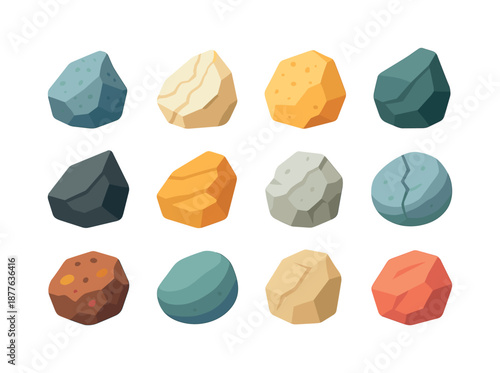Colorful Stone Icons. Stone Shards. Colorful flat vector icons set of Stone Shards: granite chip, marble shard, limestone piece, slate fragment, basalt shard,