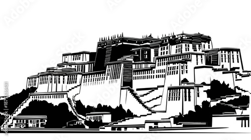 A black and white illustration of a large building complex on a mountain, possibly a palace