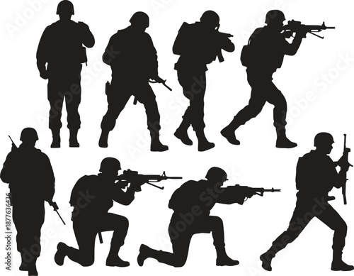 Silhouette soldiers in military action, defense training, army combat, vector illustration