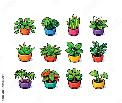 Indoor Plant Icons. indoor greenery. Colorful isometric vector icons set of indoor greenery: pothos vine, monstera leaf pot, snake plant, peace lily, aloe vera