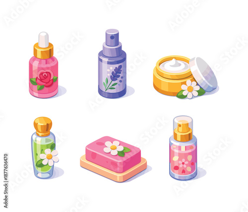 Floral Beauty Set. Floral beauty products. Isometric flat vector icons set of Floral beauty products: rose facial oil bottle, lavender toner bottle, chamomile