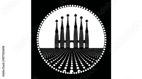Black and white illustration depicts a landmark. Seven spires rise within a circle of dots, against a black background