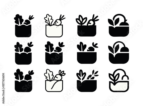 Healthy Meal Prep Icons. Healthy meal prep culture. Icon set. Set Logo of Healthy meal prep culture: Healthy grocery bag: Filled silhouette, Minimal outline,