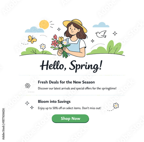 Spring Newsletter Template. Newsletter templates for spring. A promotional email section with a hero image, short text blocks, and a clear call-to-action