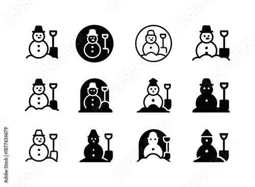 Snowman Contest Logo Set. Snowman-building contest and snow activities. Icon set. Set Logo of Snowman-building contest and snow activities: snow shovel.