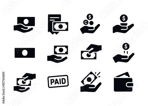 Cash Payment Icons. Cash payment. Solid icon set of cash payment: hand giving cash, cash receipt, exact change, tip icon, paper money icon, pay icon, counter