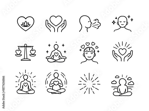 Emotional Well-Being Icons. Emotional Well-Being. Line icon set of Emotional Well-Being: mindful heart, self-care symbol, breath icon, calm state, balanced