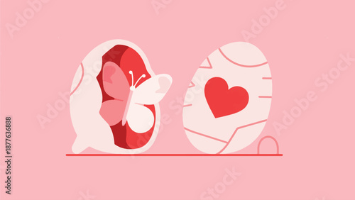 Illustration: One Cocoon Opens Into A Butterfly, One Remains Closed With A Heart Symbol Vector Design Template
