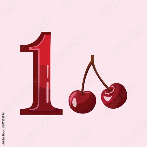 A creative number one illustration combined with cherry fruit, ideal for educational content, playful typography, and food-themed designs.