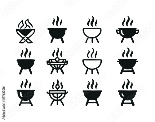 Street Food Icons. street food. Icon set. Set Logo of street food: grill smoke icon. harmonious logo variations of the same emblematic concept, each with