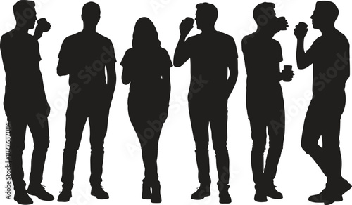 Silhouette people drinking beverages, casual lifestyle, social interaction, vector illustration