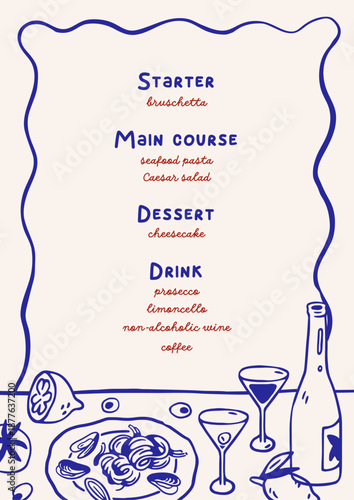 Restaurant menu card design. Italian cuisine cafe, hand-drawn doodle template...