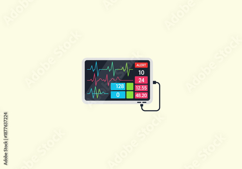 Vector Flat Concept Flat vector illustration of a medical patient monitor displaying colorful ECG heart rate waveforms and vital signs with a red alert.