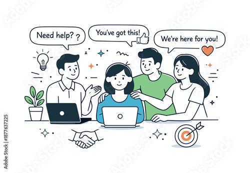 Empathetic Workplace Illustration. Supportive workplace environment. Colleagues offering help and encouragement, friendly interaction and emotional safety.