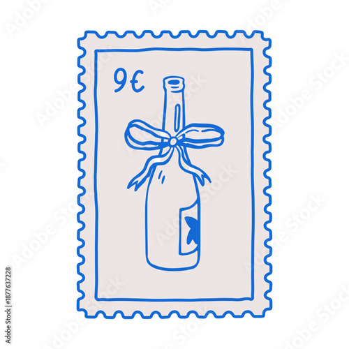 Postal stamp in Dolce vita doodle style. Wine bottle with ribbon bow, postmark design. Limoncello, Italian alcohol, post mark, framed card. Flat vector illustration isolated on white background