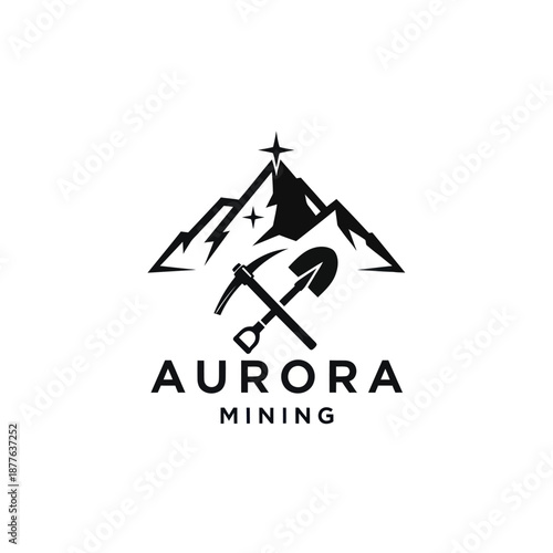 Aurora Mining Logo with Pickaxe and Mountains.