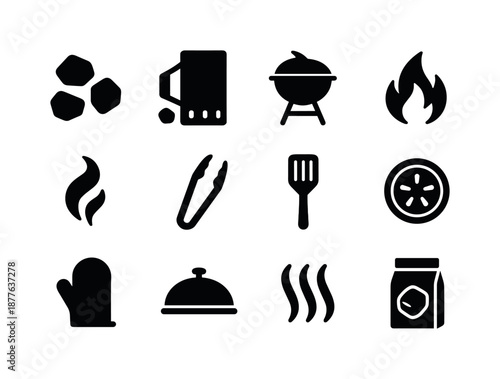 Charcoal Grilling Icons. Charcoal grilling. Solid icon set of Charcoal grilling: charcoal pieces, chimney starter, grill, flame, smoke swirl, tongs, spatula,